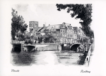 836628 Gezicht op de Stadsbuitengracht te Utrecht, met rechts de Zandbrug over de Oudegracht en de huizen Oudegracht 1 ...